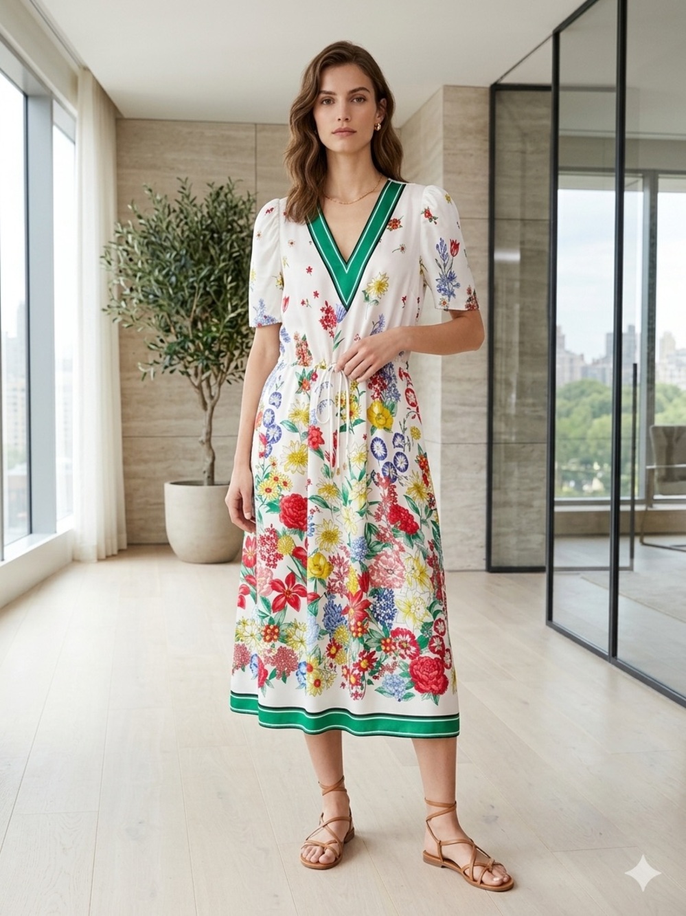 CLAUDIE PIERLOT Paris Floral Stripe V-Neck Midi Dress White Green Size FR 40 US